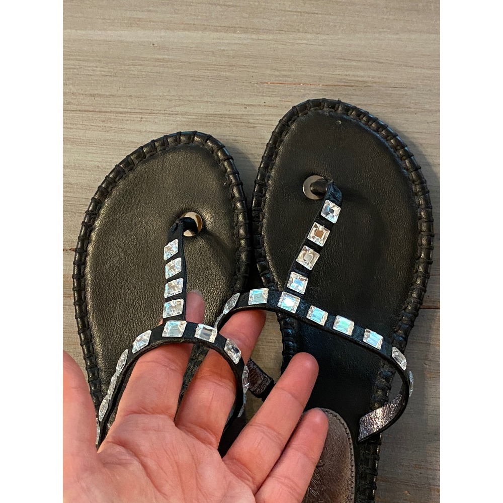 Cole Haan Black Leather Crystal Embellished Wedge Thong Sandals 6.5B